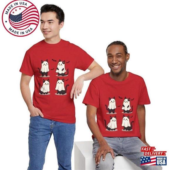 Ghost Cat Halloween Shirt Funny And Bat Print Tee Unisex - Picture 1 of 4